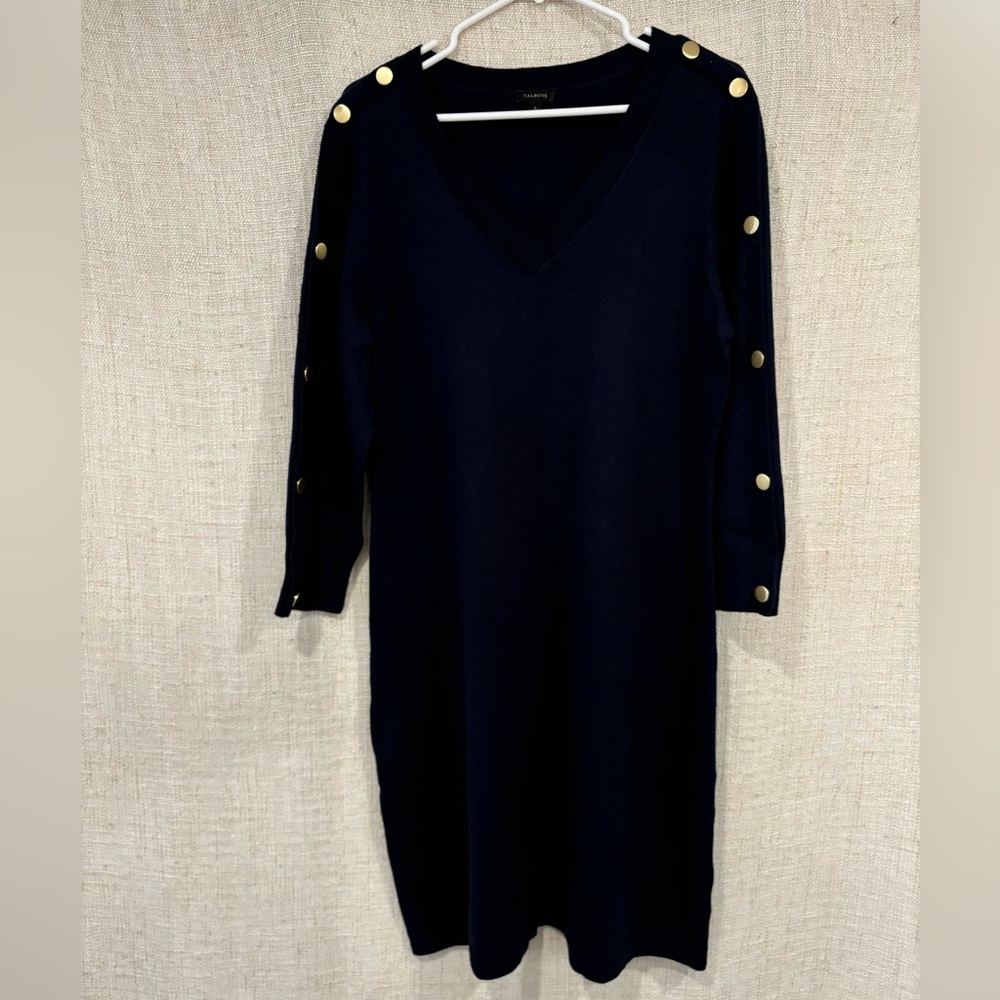 Navy blue Tablots sweater dress with gold buttons on the shoulders